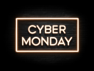 Neon cyber monday sign on black brick wall background