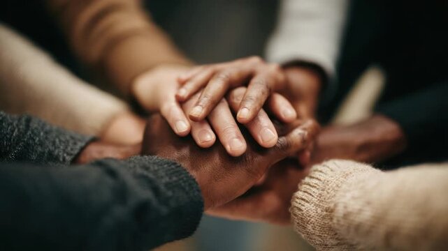 Unity through Hands: A close-up shot capturing a circle of hands coming together, a powerful symbol of collaboration, support, and solidarity, all connected as one