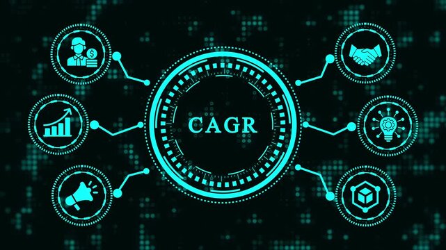 Cagr compound annual growth rate concept business, technology, internet and networking concept futuristic abstract background with glowing icons and text.