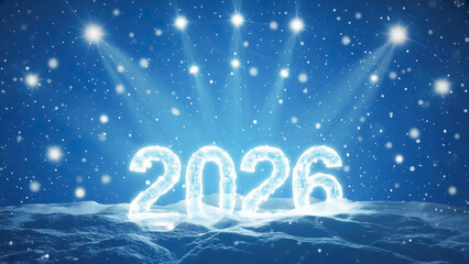  Neon light composition with glowing “2026” text on a blue sparkling background with falling snow, symbolizing New Year celebration and winter holidays.