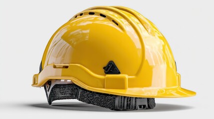 Fototapeta premium Safety Helmet Hard Hat Construction Worker Personal Protective Equipment Industry Safety Gear Yellow Helmet with Black Strap and Ventilation Design