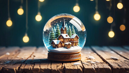 Decorative glass Christmas snow globe with small house and pine trees inside, placed on wooden surface, symbolizing winter holiday magic and decoration.