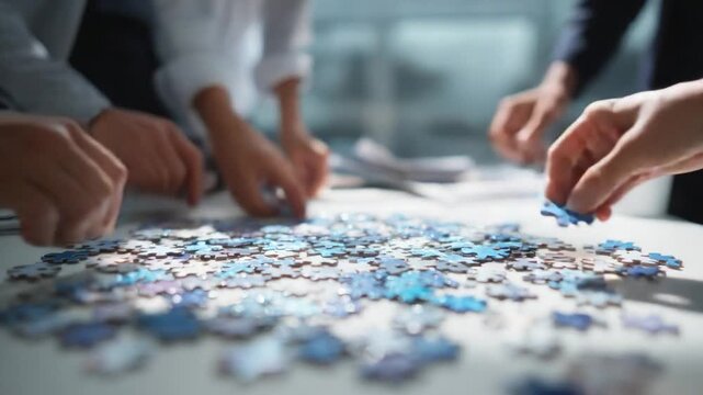 Teamwork in Jigsaw: Collaborative hands work together to piece together a complex jigsaw puzzle, representing problem-solving and shared effort in a business or personal context.