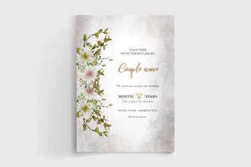 WEDDING INVITATION FRAME WITH FLOWER DECORATIONS AND FRESH LEAVES