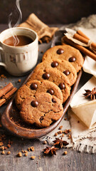 Freshly baked chocolate cookies with nuts on wooden plate, accompanied by cup of hot cocoa with steam, cinnamon sticks, and star anise in cozy hygge mood.