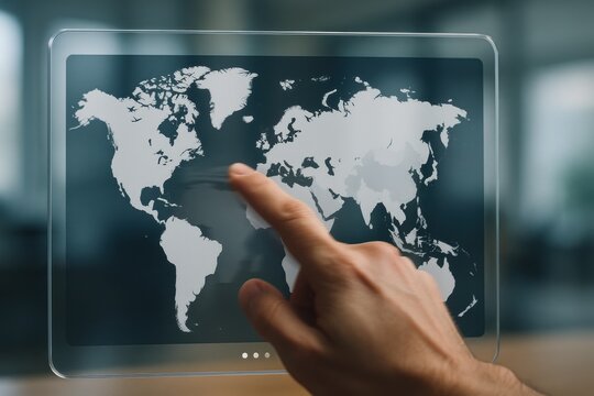 Hand touching holographic transparent tablet with world map navigation interface
 - Powered by Adobe