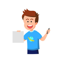 Cute little boy holds a pencil and a blank sheet of paper