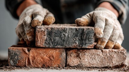 Construction Worker Hands Wea Gloves Carefully Lifting and Placing a Brick Du Masonry Work at a Building Site with Additional Bricks in Background