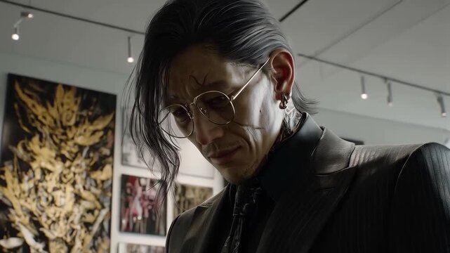 Stylish man with a distinctive appearance visiting an art gallery featuring modern paintings