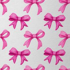 Seamless Pattern of Watercolor Baby Pink Ribbon Bows on White Background