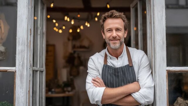 Smiling Entrepreneur: A charismatic entrepreneur, standing proudly in his store doorway, embodies the spirit of business ownership and hospitality.