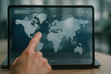 Finger touching digital tablet screen with world map search navigation interface
