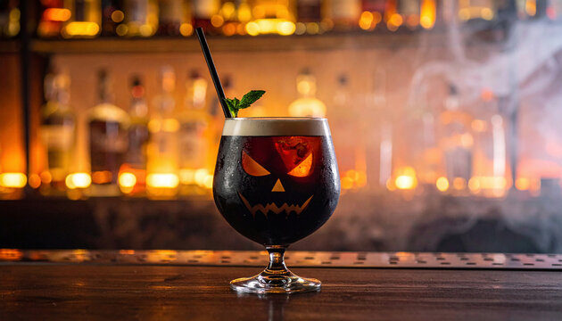 A spooky Halloween cocktail in a jack-o’-lantern style glass sits on a smoky bar counter 