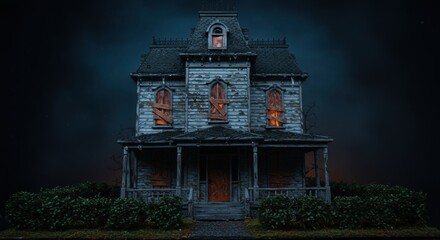 A spooky, abandoned Victorian house at night with eerie glowing windows, surrounded by overgrown bushes and a dark, atmospheric sky, perfect for horror-themed projects