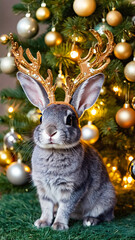 Gray fluffy rabbit with decorative reindeer antlers sits near a decorated Christmas tree, symbolizing winter holidays, Christmas spirit, and pet-friendly celebration.