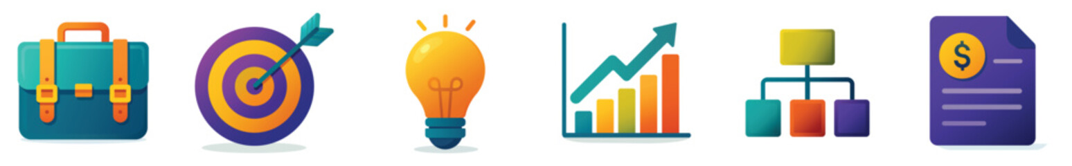 Flat vector business icon set consisting of six modern illustrations. Perfect for representing finance, office work, management, idea, success, and corporate concepts.