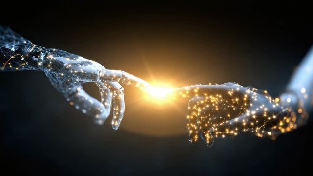 Digital Embrace: A conceptual depiction of two hands, one human and the other technological, coming together with a radiant light, symbolizing the intersection of humanity and innovation. 