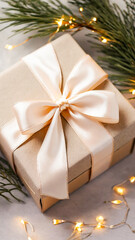 Beige gift box with  satin ribbon and bow surrounded by green pine branches and warm string lights on a light surface. Christmas and New Year packaging and product shot.