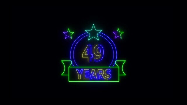 49 Years Anniversary Celebration Neon Sign with Stars and Glowing Banner Highlighting Milestone Achievement and Success.
