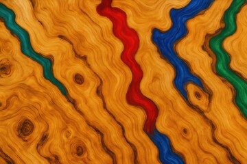 Colorful Epoxy River Wood Background. A dynamic background showcasing natural wood grain intersected by wavy rivers of vibrant red, blue, and green epoxy resin. 