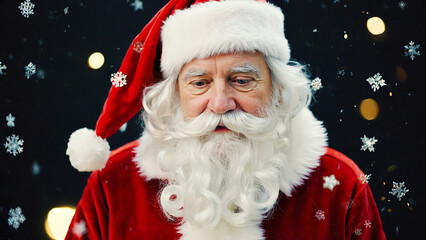 Traditional Santa Claus with white beard in red costume on glowing bokeh light background, symbolizing New Year, Christmas magic, and festive holiday character.