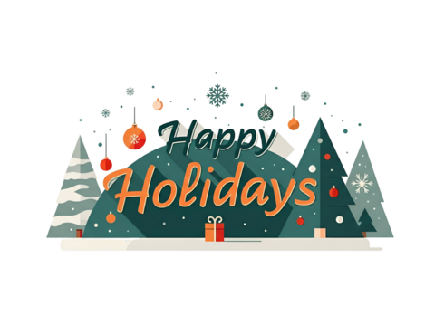 Festive "Happy Holidays" greeting card design featuring stylized Christmas trees, ornaments, snowflakes, and small gift boxes on a white background.