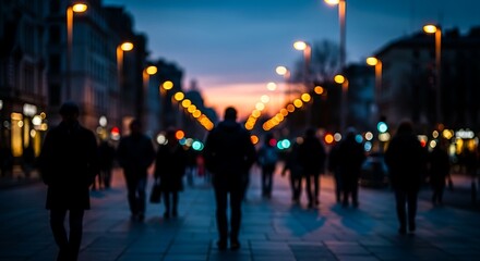 A city street at twilight, filled with people walking, softly lit by streetlights.