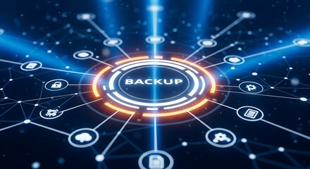 Backup System Illustration in Blue and Orange with Connected Network Icons Data Security and Information Technology