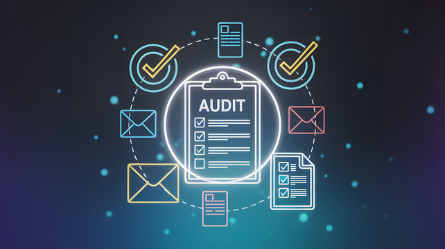 Professional business audit process with checklist and communication icons conveying financial review and task completion in a modern digital style