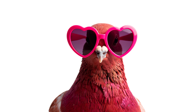 A pigeon wearing pink heart shaped sunglasses isolated on transparent background