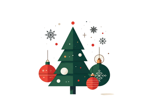 Stylized Christmas tree illustration with hanging ornaments and snowflakes on a white background, festive and minimalist design. - Powered by Adobe