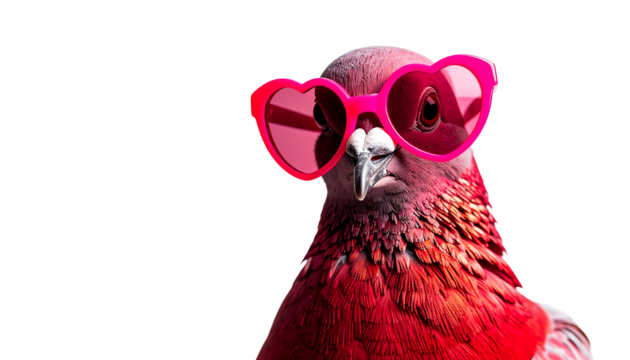 Funny pigeon wearing pink heart shaped sunglasses isolated on transparent background