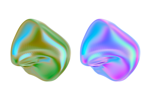 Two abstract iridescent blobs isolated on transparent background