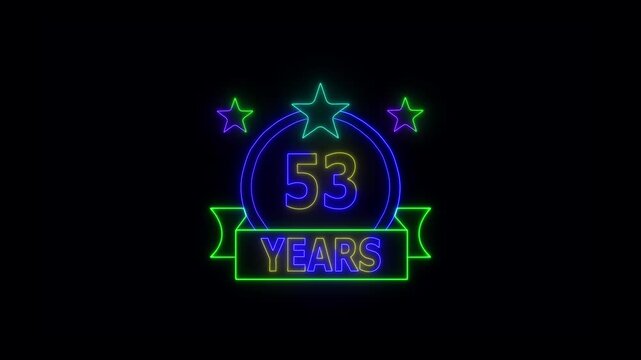 53 Years Anniversary Celebration Neon Sign with Stars and Glowing Banner Highlighting Milestone Achievement and Success.