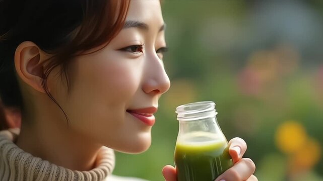 Young Asian woman enjoying a healthy green juice drink outdoors on a sunny day