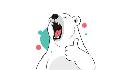 A happy polar bear gives a thumbs up while yawning and surrounded by colorful circles.