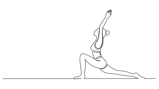 animated continuous single line drawing of fit woman stretching, athletic female in yoga pose, line art animation