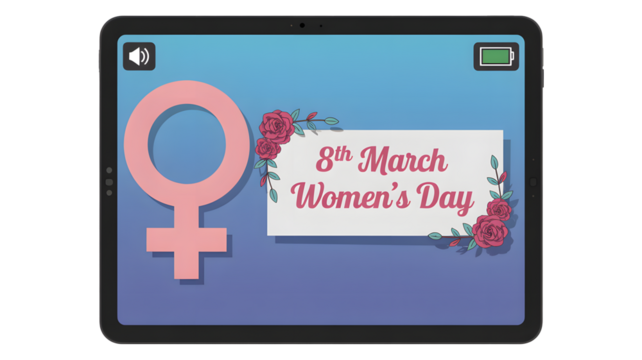 Celebrate International Women's Day with powerful symbols and floral accents on a modern digital screen