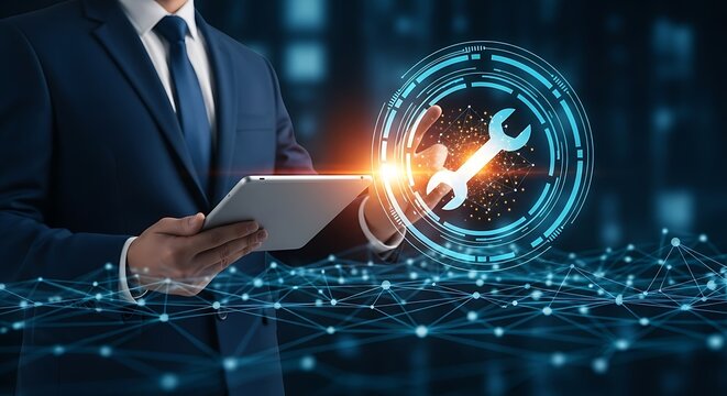 Businessman holding a tablet near a digital wrench icon representing IT support maintenance and technological solutions - Powered by Adobe