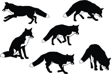 Fox silhouette vector illustration, wild forest animal artwork, predator hunting design, wildlife nature clipart, woodland creature drawing, graphic animal pose collection