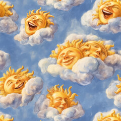 Seamless Pattern of Smiling Suns and Clouds in Soft Pastel Colors
