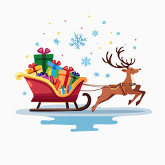 Naklejka premium Festive Reindeer Pulling Santa's Sleigh with Gifts