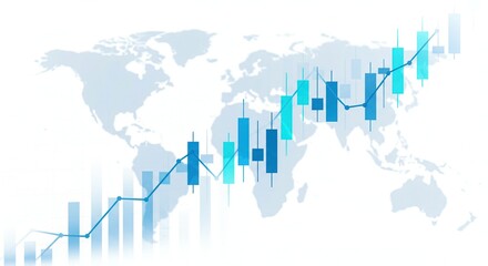 Global stock market trading graph with a bullish candlestick chart on a world map background, illustrating financial investment and economic growth