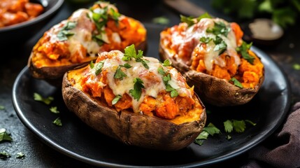 Cheesy baked sweet potatoes with fresh herbs and spices on black plate