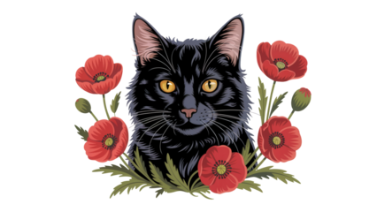 Elegant black cat portrait with vibrant red poppy flowers and leafy greens