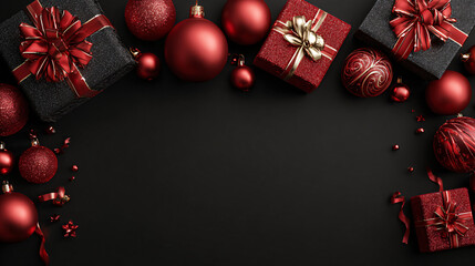 Elegant Christmas Decor with Gifts and Ornaments on Black Background