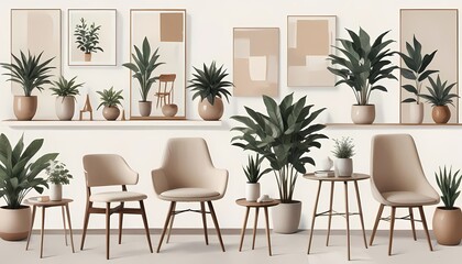 Collage of interior design ideas showcasing mid-century modern chairs with walnut frames, a round marble side table, textured stoneware vases, a brass table lamp with a linen shade, and a fiddle-leaf 