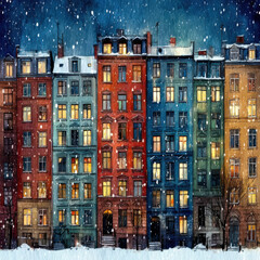 Warm Rooftops Under Snowy Skies in Colorful Urban Landscape
