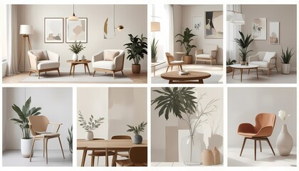 Collage of interior design ideas showcasing mid-century modern chairs with walnut frames, a round marble side table, textured stoneware vases, a brass table lamp with a linen shade, and a fiddle-leaf 