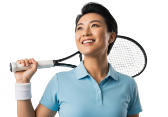 Joyful asian woman holding tennis racket ready for play outdoor sports isolated on transparent background